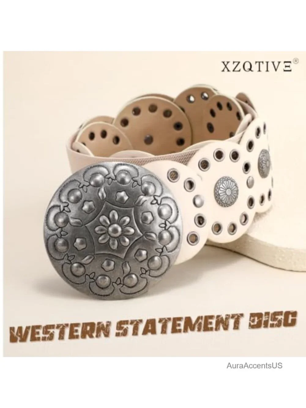 Faux Leather Western Belt with Concho Discs Adjustable Wide Belt for Dresses